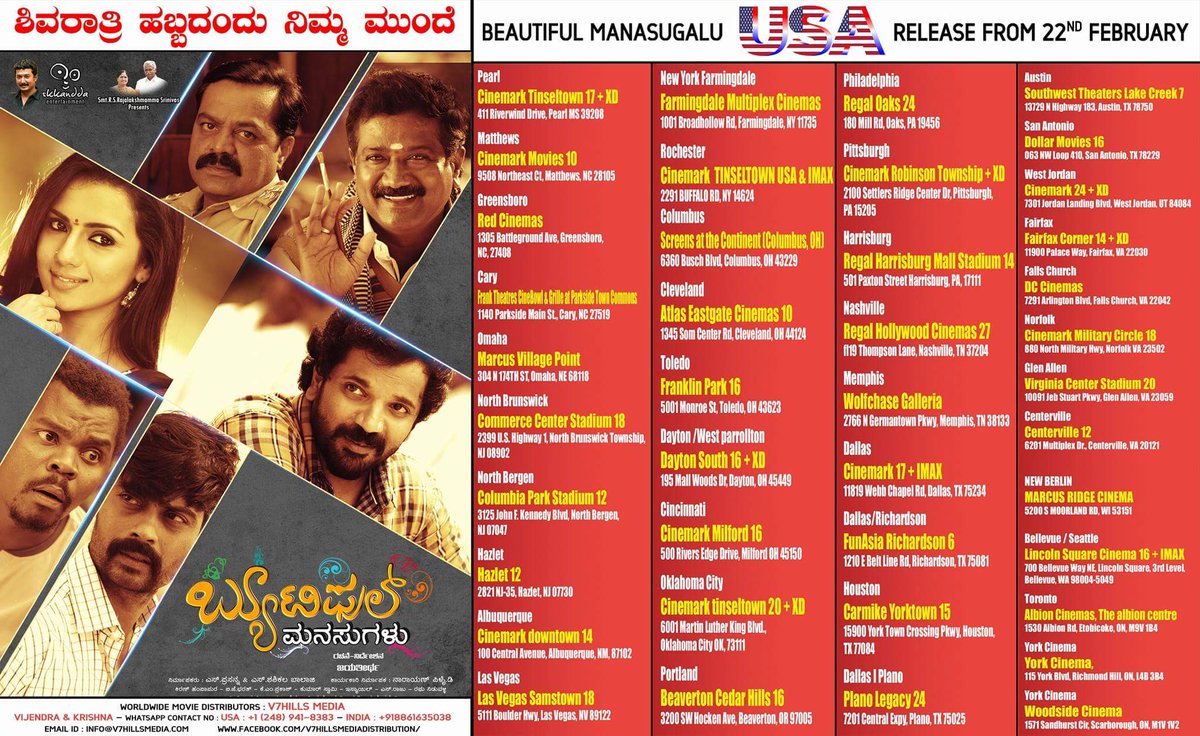 KannadaBO's tweet photo. #BeautifulManasugalu released in USA. Go watch it today 👍 @SathishNinasam @sruthihariharan https://t.co/UpzVr2dmVU