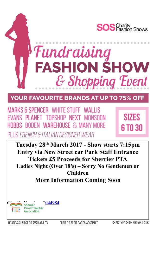 SherrierPTA's tweet photo. Just a reminder #fashion show on 28/3/17 Details are available in @SherrierCE main reception. Please help support us. #sherrier #lutterworth https://t.co/ukzcAO1y9T