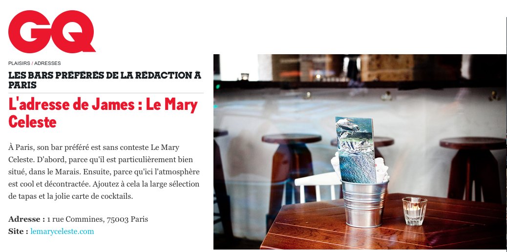 Le Mary Céleste dans les bars préférés de la rédaction <a href="/GQ_France/">GQ France</a> ! Merci pour ce bel article ! Article ici : ow.ly/B11q309hu3n