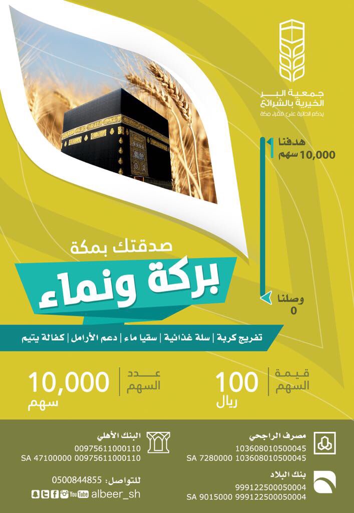 111mkh's tweet photo. شاركنا #الأجر في مشروع #صدقتك_بمكة_بركة_ونماء
١٠ الاف سهم فقط ، قيمة السهم ١٠٠ ريال.

بإذن الله نستطيع سويًا إتمام المشروع خدمةً لفقراء #مكة https://t.co/HTQtk7mIm6