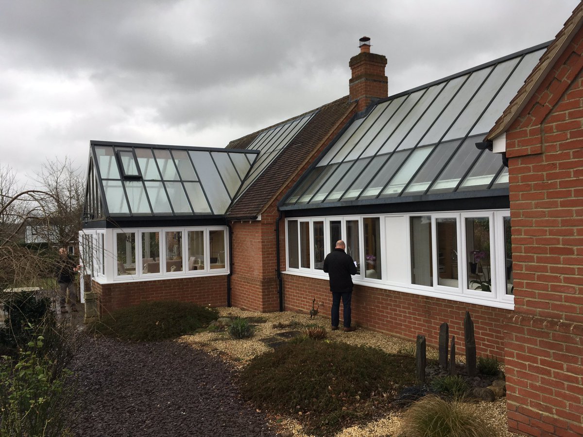 Windows5Star's tweet photo. Lucky @StSimion from @Ultraframe1 and Stuart surveyed this roof before #stormdoris woke up. 5 star upgrade in the spring #Besford #court https://t.co/T4wjJ9AL2M
