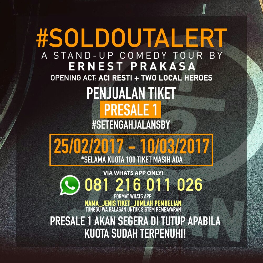 Pre Sale 1 penjualan 100 tiket pertama dan dibuka tgl 25 februari-10 maret. Jangan sampai kehabisan!!! Selamat berjuang 💪

#SetengahJalanSBY
