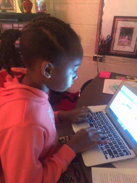 Bigmommafromnc's tweet image. A student working hard to create a Kahoot it review for her classmates! #digitallearningday #pespanda #chathamcounty #pandasrock