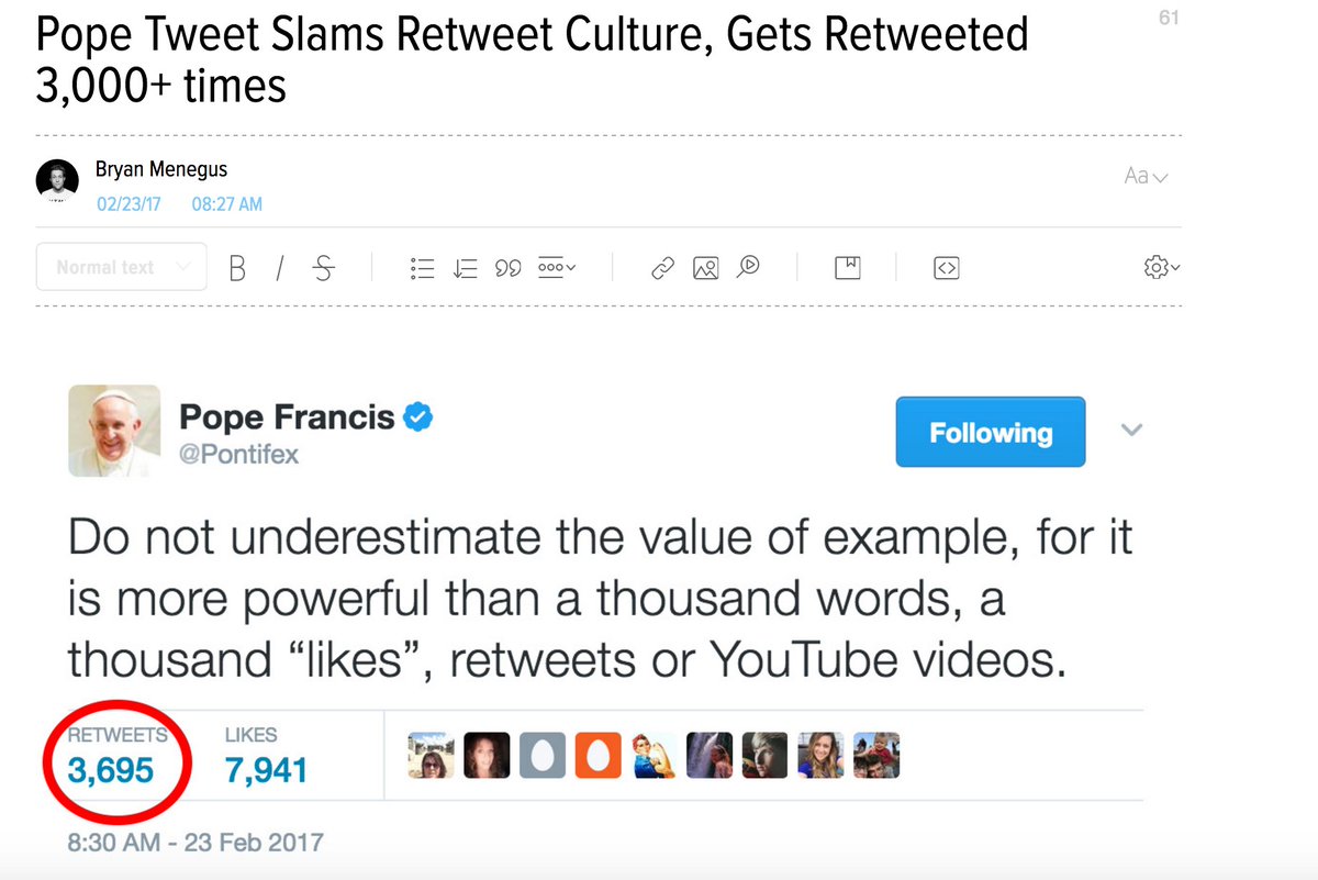 Gizmodo's tweet photo. Pope tweet slams retweet culture, receives thousands of retweets https://t.co/BrtwWCsVTP https://t.co/OrjDg0D4IF