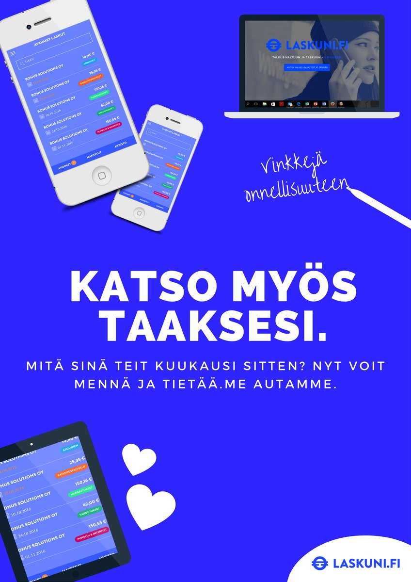 Laskuni_fi's tweet photo. Palvelussamme laskusi arkistoituvat automaattisesti, jotta pystyt seuraamaan kulujesi kehitystä. https://t.co/k7qhkpSaJG #talous #raha https://t.co/HhL9Mzjk4E