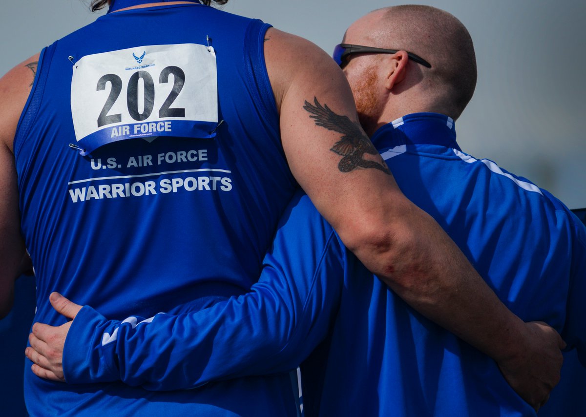 WarriorCare's tweet photo. #TBT | @usairforce competitors embrace during the 2016 @WarriorGames #AFTrials. The 2017 trials start this weekend - tune in for more! @AFW2 https://t.co/8lSN2XEWWa