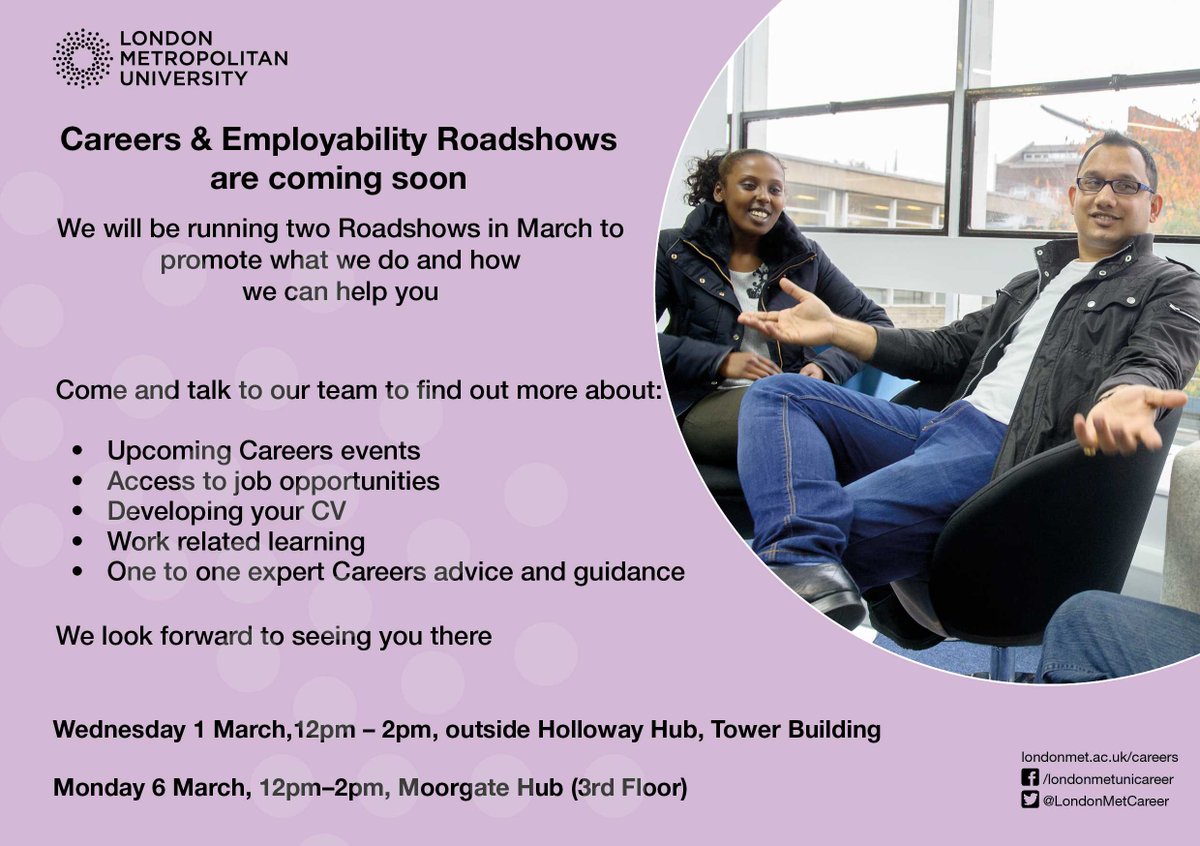 Careers and Employability roadshows are coming soon! Come and talk to us!
blogs.londonmet.ac.uk/studentservice… <a href="/LondonMetUni/">London Met Uni</a>