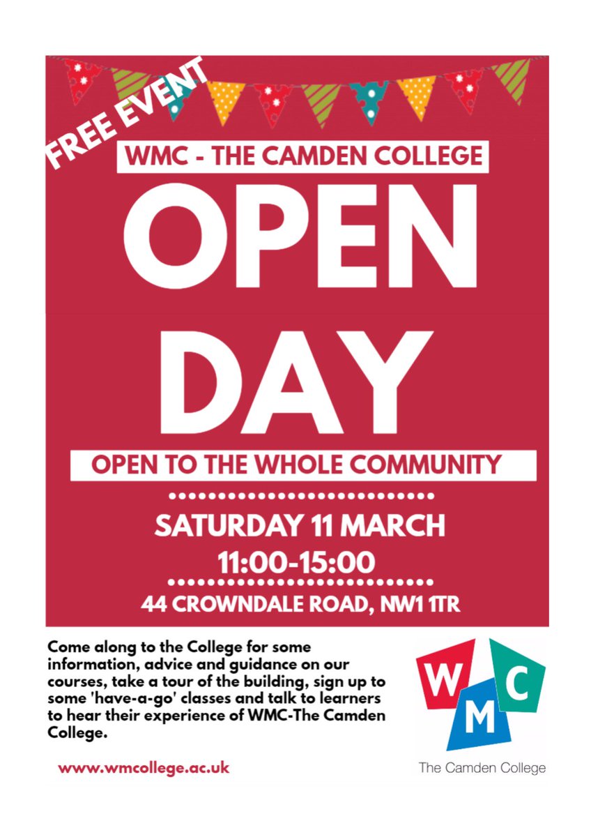 WMCollege's tweet photo. Don't forget to register for our Open Day on 11 March. FREE ticket here: https://t.co/l1bt9x8dVX
#OpenDay #Camden #course #London #AdultEd https://t.co/fveP9xqpVX