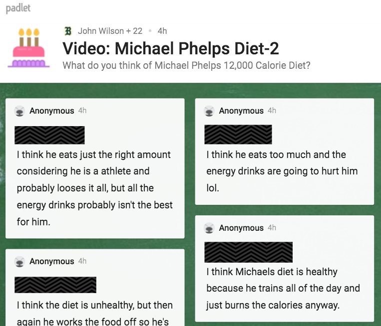 CoachJWilson's tweet photo. Ss were asked: what do U think about Phelps 12,000 Cal diet? Used @padlet to organize responses for discussion. #CSHPE #wcpsmd #DLDay https://t.co/qvSFaMKzSF