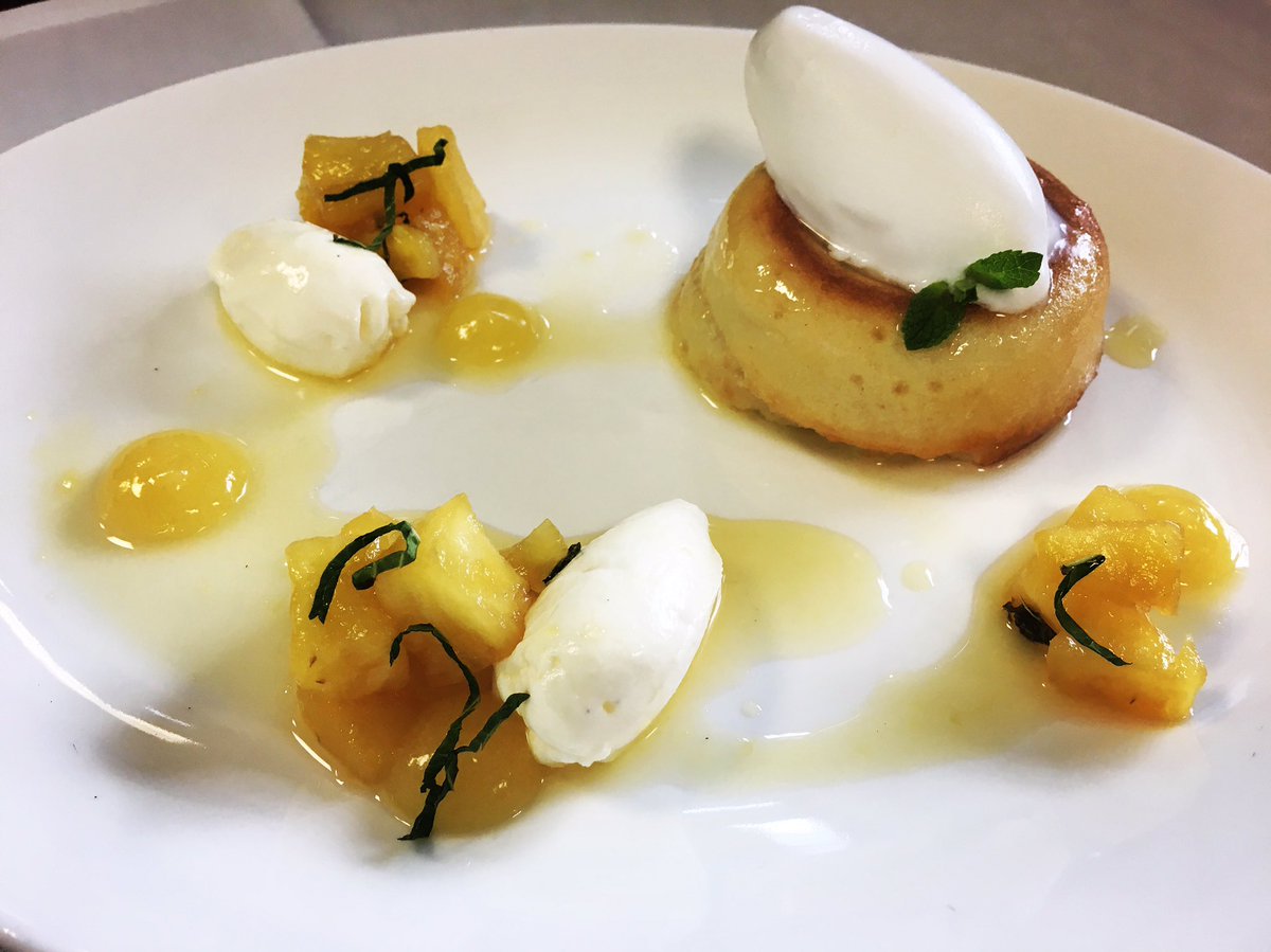 foofi73's tweet photo. Savarin with pineapple compote, pineapple purée & coconut ice cream #savarins #pineapplecompote #pineapplepuree https://t.co/tNwllCtq5s