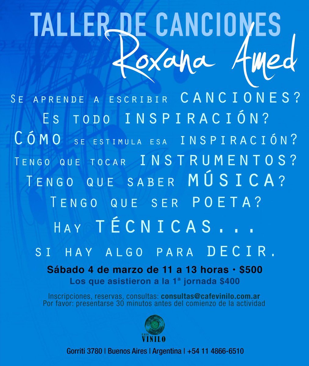 #BENEFICIO <a href="/nemplaescuela/">NEMPLA</a> !!
Accede a un 10% de descuento en el #Tallere de #Canciones que estará dictando <a href="/roxanaamed/">Roxana Amed</a> en <a href="/cafeviniloba/">Cafe Vinilo</a> !