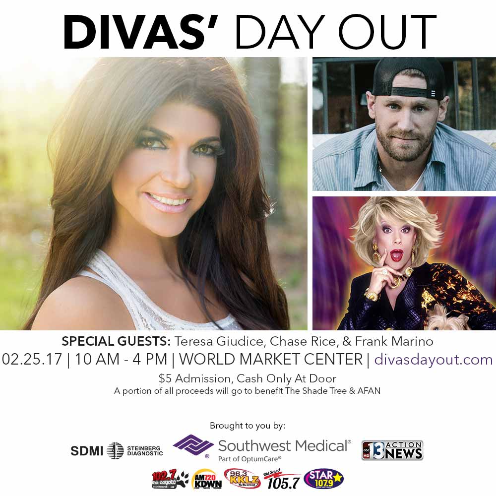 This Sat! #DivasDayOutLV feat <a href="/Teresa_Giudice/">Teresa Giudice</a> &amp; <a href="/ChaseRiceMusic/">Chase Rice</a>! $5 cover benefiting <a href="/ShadeTreeVEGAS/">The Shade Tree Las Vegas</a> &amp; <a href="/AFANLV/">AFAN - Aid For AIDS of Nevada</a> Free Parking/ATMs on site!