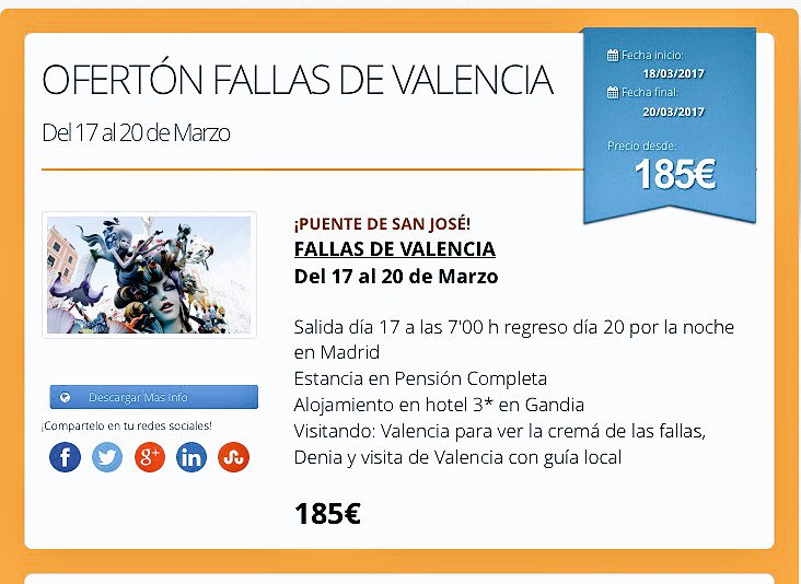 danubiodelsur's tweet photo. ¡OFERTÓN  FALLAS DE VALENCIA! 
 4 días por sólo 185€ #cremá #Fallas2017 #oferta #viajes #valencia #escapada #turismo https://t.co/KB2Lh1d1aP
