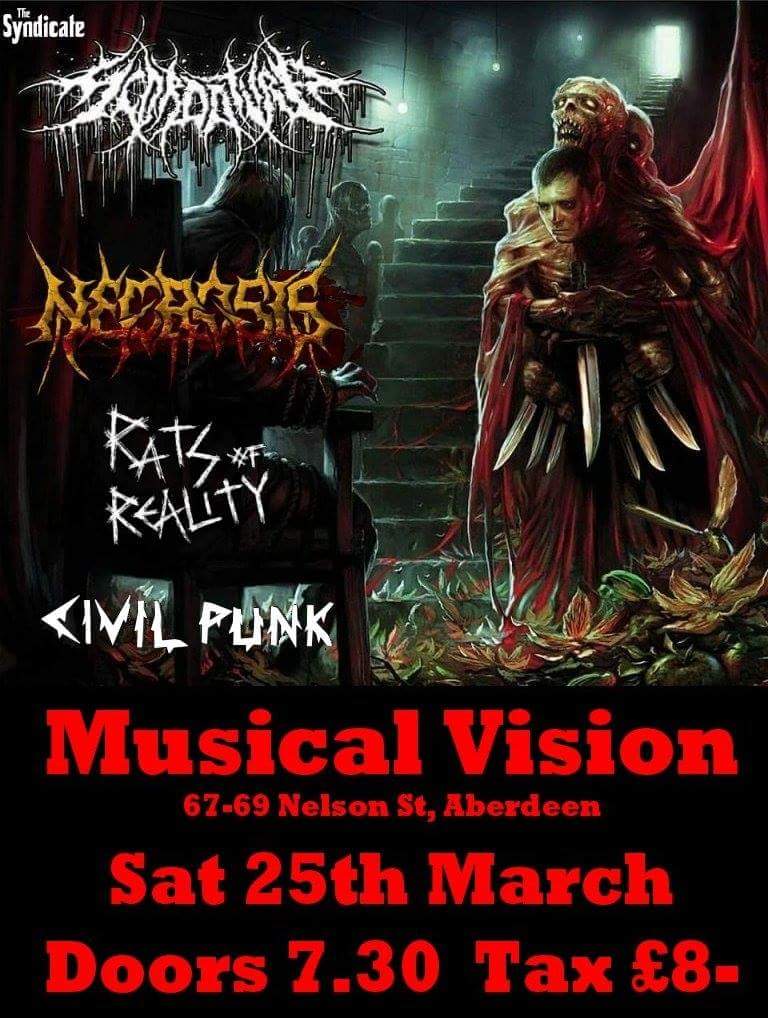 Syndicate2008's tweet photo. @Scordaturaband #Necrosis #RatsOfReality @CivilPunkband live @mvaberdeen Sat 25may expect #deathmetal #metal #crust #blackmetal #punk 🤘YAS🤘 https://t.co/zfghaKqgKD