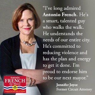 StLouisAmerican's tweet image. Jennifer Joyce narrowed down her preference for the next mayor. It's @AntonioFrench for her.