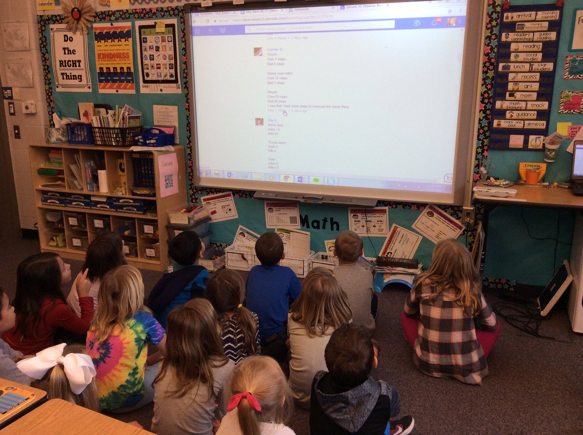 Discussing non-standard measurement results <a href="/MrsSternCHE/">Jill Stern</a> first graders took and posted on #edmodo! #DLD #bvedtec