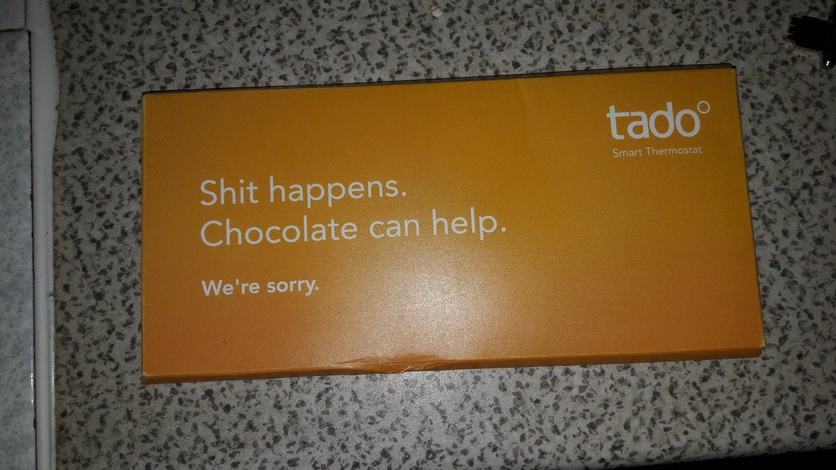 Beattima's tweet photo. @tado Hi Tado come home from work to find this in my mail.Sitting down with my wife in a warm Tado house eating chocolate  Thank you https://t.co/aYXvy11ggD