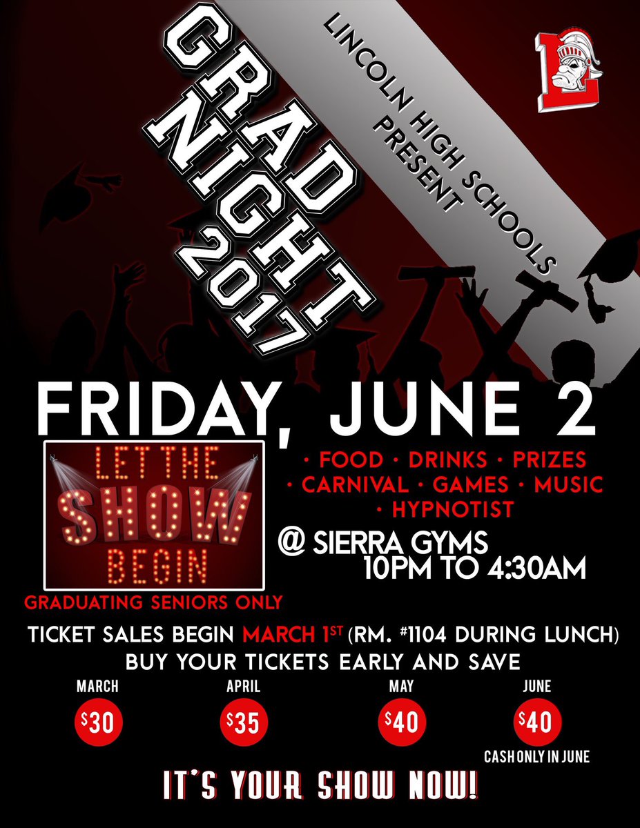 LHSTrojans2017's tweet photo. 👩‍🎓GRAD👨‍🎓 NIGHT TICKETS go on sale Wednesday March 1. The sooner the tickets are bought the cheaper they are! https://t.co/6QHLNUUkAI