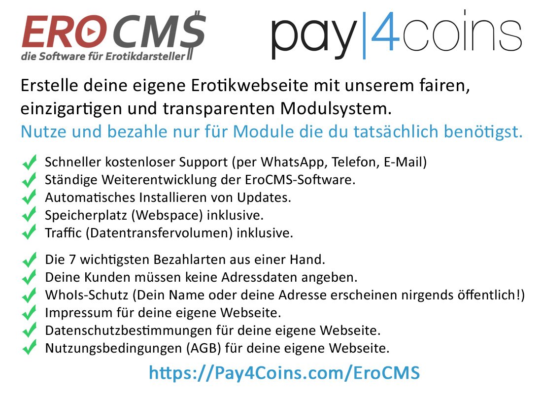 Erstelle Deine eigene #Erotikwebseite mit unserem fairen, einzigartigen und transparenten #Modulsystem! Mehr Infos: Pay4Coins.com/EroCMS