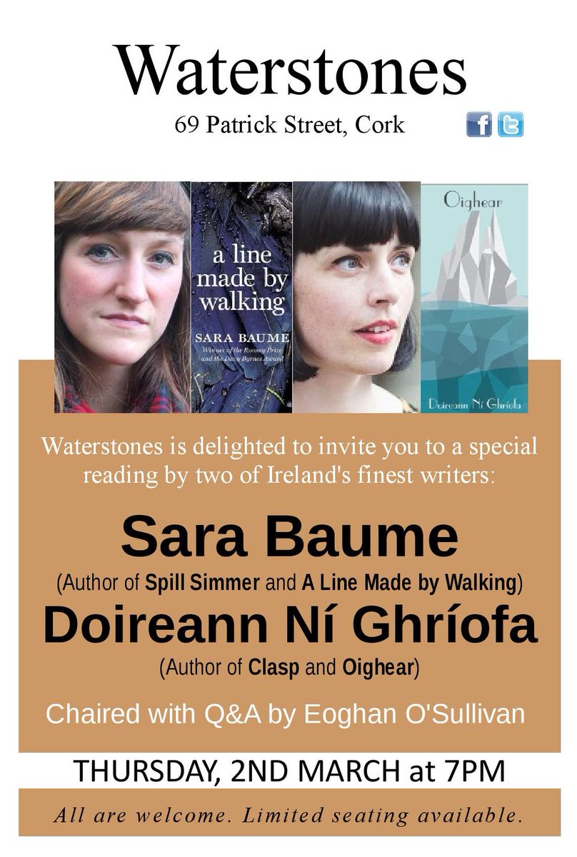 WaterstonesCrk's tweet photo. A week to go. Don't miss this reading with two of our best writers. @doireannNiG @tramppress #cork #sarabaume #irishfiction #irishpoetry https://t.co/kWVeyiGVS0