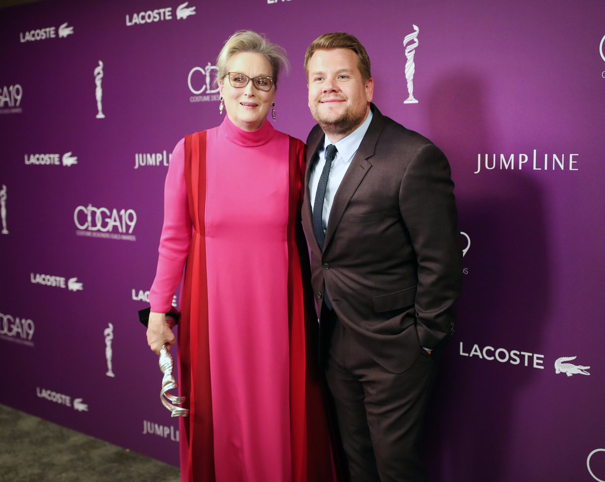 Lacoste's tweet photo. Meryl Streep and @JKCorden on the red carpet at the 2017 @CostumeAwards #CDGA19 #officialsponsor https://t.co/GLW0e3ptKp