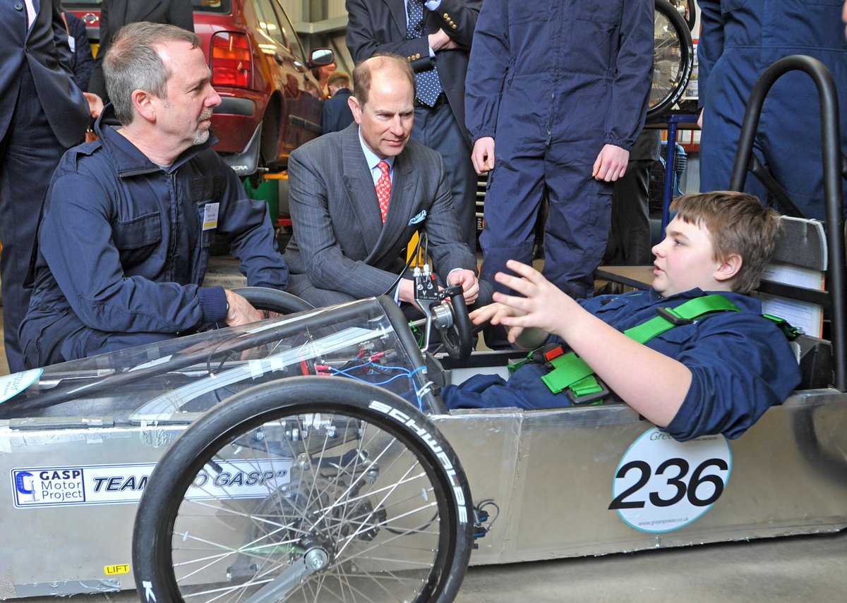 ToxicShock2000's tweet photo. HRH Prince Edward visits the GASP Auto Project in Albury, and chats to project members, here Alex in an electric vehicle #GASP @getsurrey https://t.co/d712G5dMqM