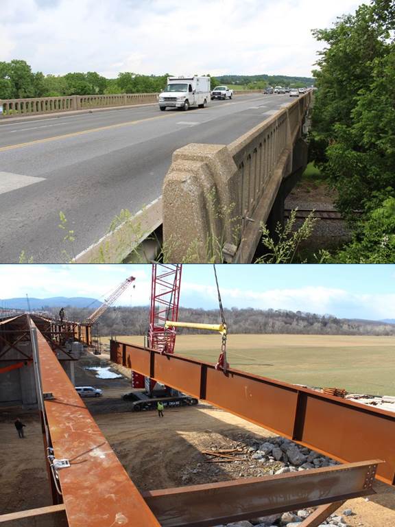 This #TBT shows old South Fork Shenandoah River bridge at @townfrontroyal in spring 2013 & new bridge that should be finished by December.
