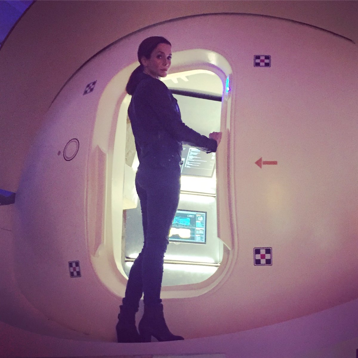 Wersching's tweet photo. #TBT to that time I stole the Mothership. 😳#Timeless @NBCTimeless #EmmaWhitmore #BadassPilot! https://t.co/i0NZwkG59x