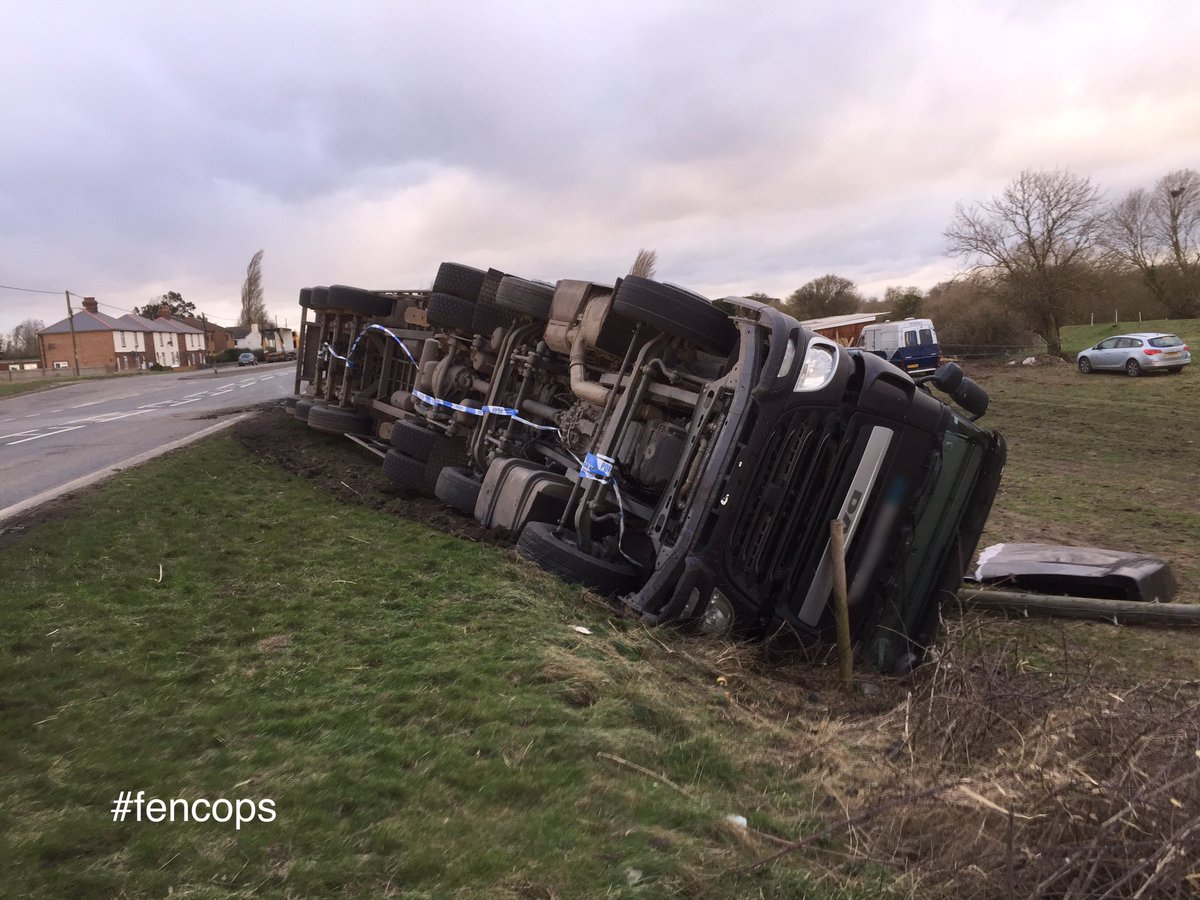 FenCops's tweet photo. #A141 Rings End X3 HGV's have left the road due to #stormdoris road is closed #2445 https://t.co/KOmAuaVqNU