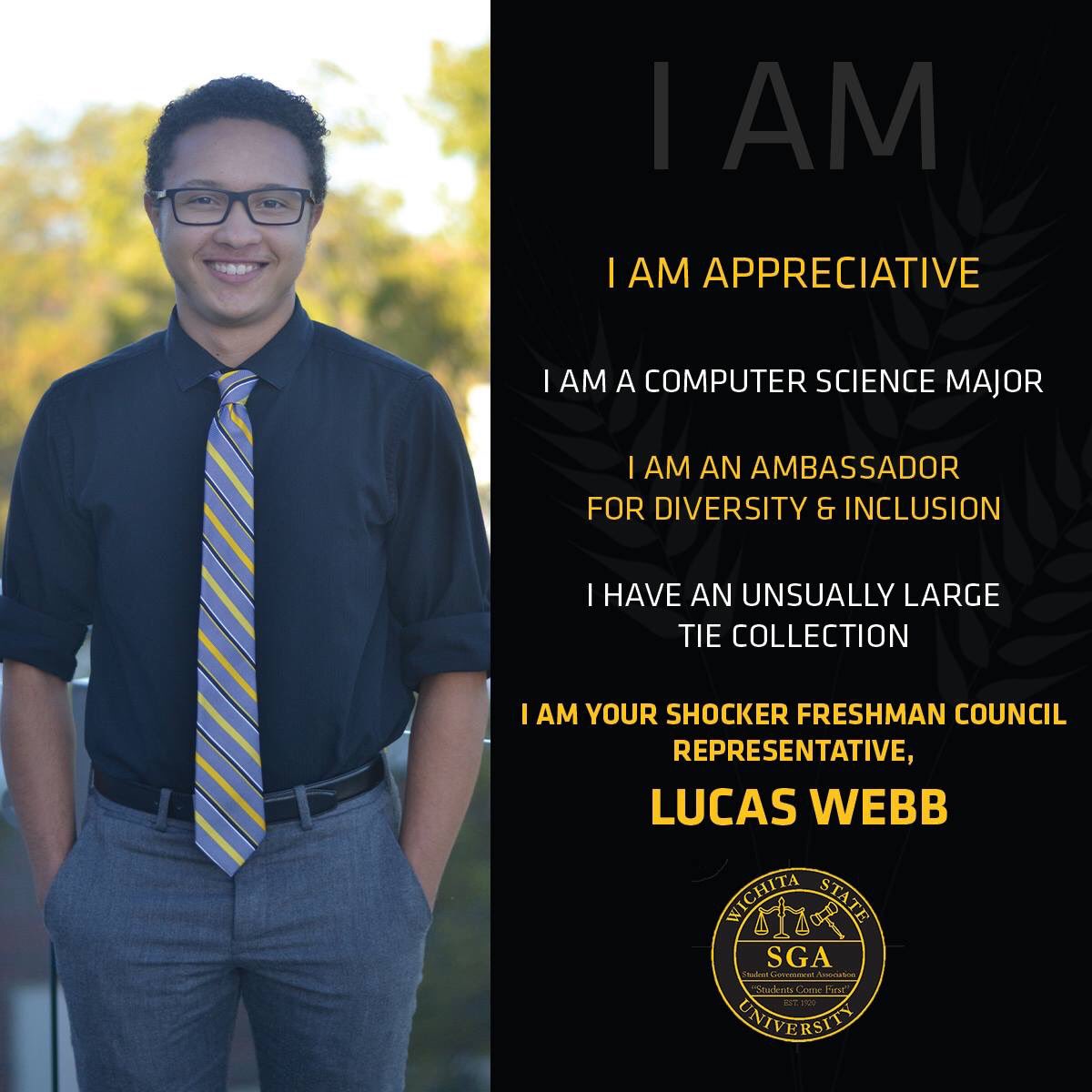 WichitaStateSGA's tweet photo. Meet your Shocker Freshman Council Representative, Lucas Webb! https://t.co/NTmjf0Ctwk