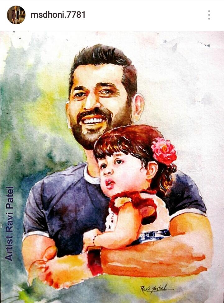 Father - Daughter !! 
MS Dhoni with Baby Ziva !! 
A wonderful colour art by Artist Ravi Patel !! 
<a href="/msdhoni/">Mahendra Singh Dhoni</a> 
#Dhoni #Mahi 
#Ziva #ZivaDhoni 👏