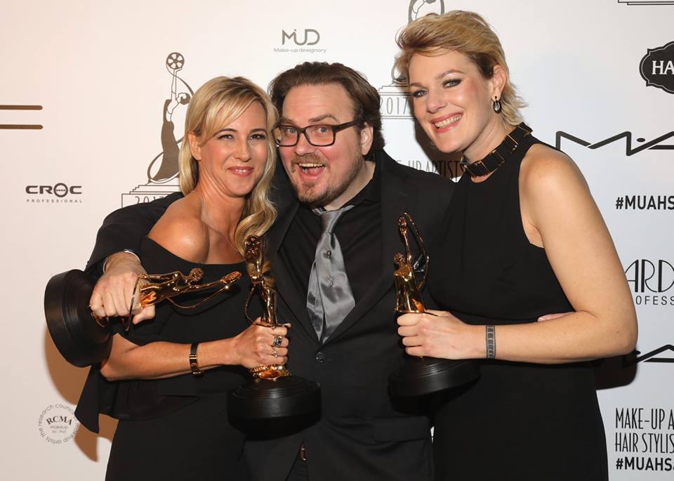 IATSELocal706's tweet image. MUAs KERRY HERTA, JASON COLLINS and CHRISTINA WALTZ celebrate backstage after win for #AHSRoanoke Promo #MUAHSawards