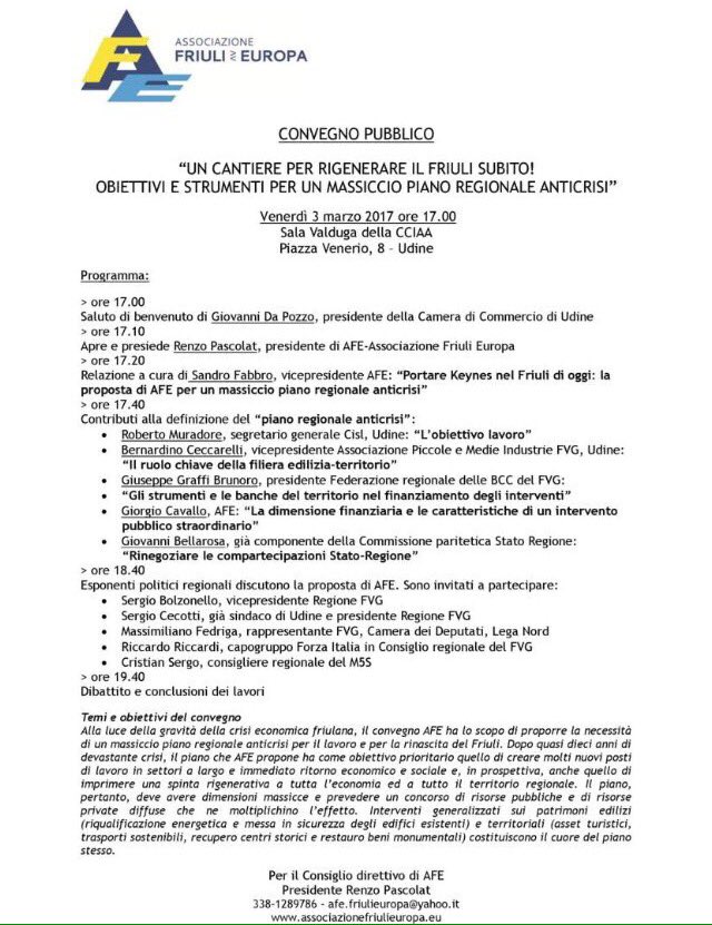 Un cantiere per rigenerare il #Friuli subito! Se ne parlerà mercoledì 3marzo, alle ore 17, in Sala Valduga a #Udine #news #AFE #anticrisi