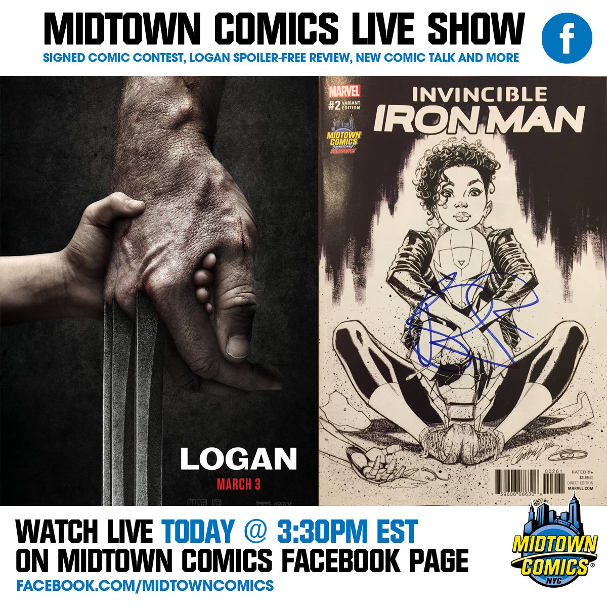 MidtownComics's tweet photo. TODAY: Check out our Facebook page @ 3:30 ET for @BRIANMBENDIS signed comic CONTEST, #Logan talk, and much more: https://t.co/KVOqSu0mZp https://t.co/8WProkUpLE