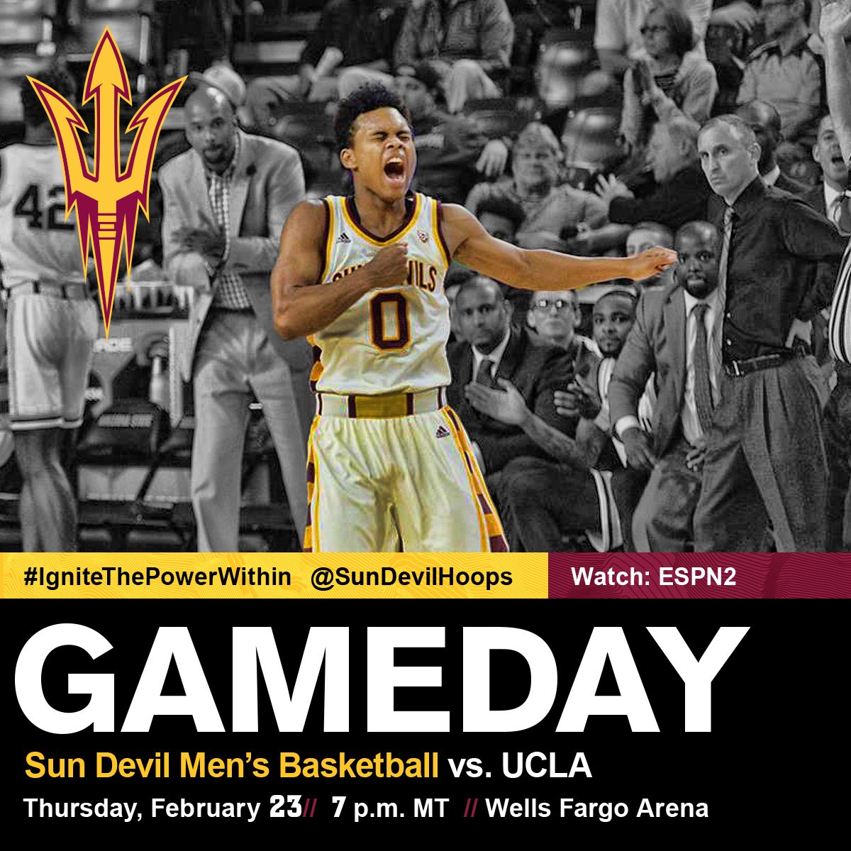 SunDevilHoops's tweet photo. GAMEDAY!! 😈
🏀@UCLAMBB
⏰7 pm MT
📍Wells Fargo Arena
📺ESPN2
📻98.7 FM
#IgniteThePowerWithin https://t.co/RkYdAMnp4S
