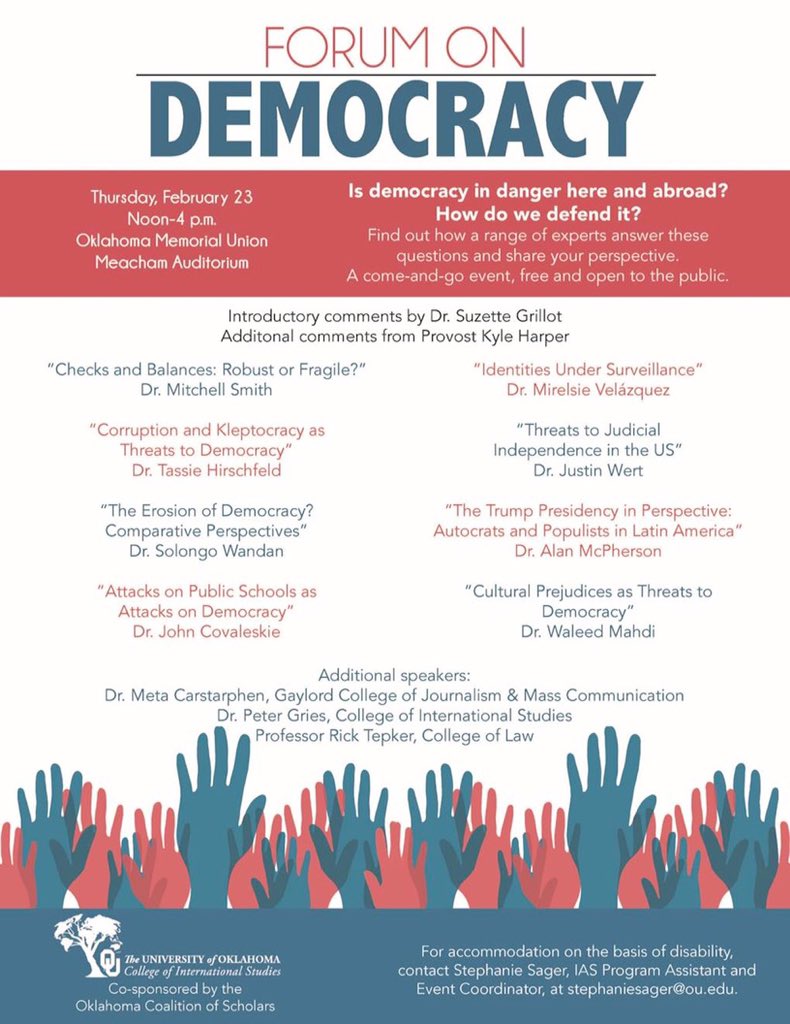 Come join the Forum on Democracy TODAY! Noon to 4:00. This a great opportunity to hear about very pertinent issues in our country and world