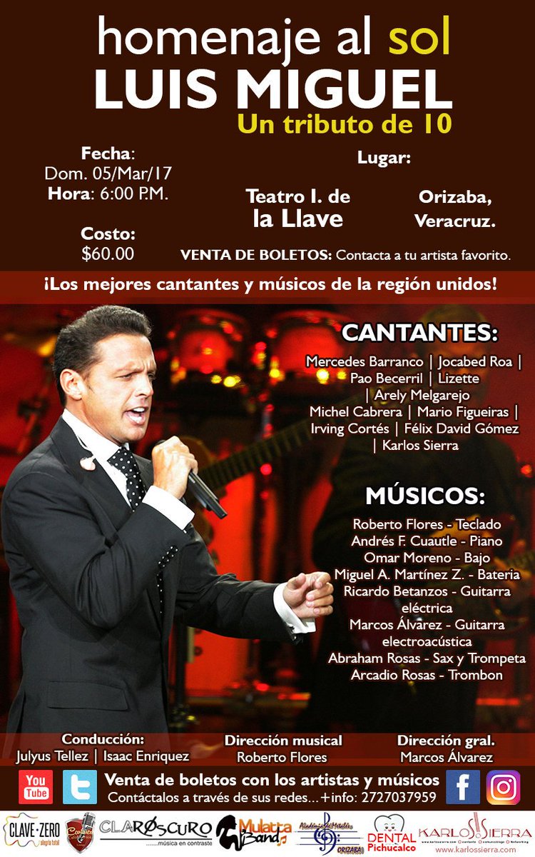 KarlosSierraMX's tweet photo. #FelizJueves de invitarlos al #HomenajeAlSol @LMXLM #UnTributode10 el evento artístico del año #Orizaba, las mejores voces y músicos unidos. https://t.co/597mVeNpZ1