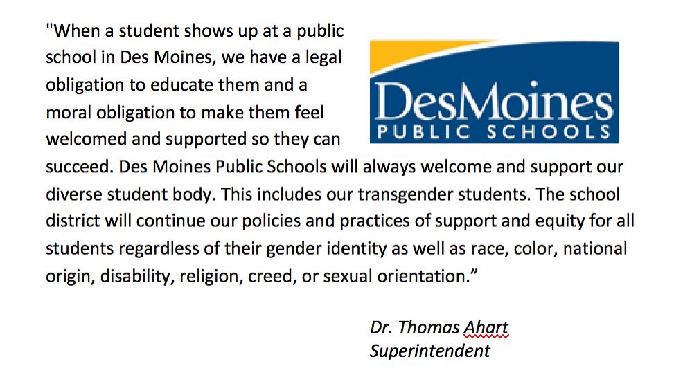 DMschools's tweet photo. Des Moines Public Schools will always welcome and support our diverse student body. This includes our transgender students. https://t.co/Zvr3T4NXAD