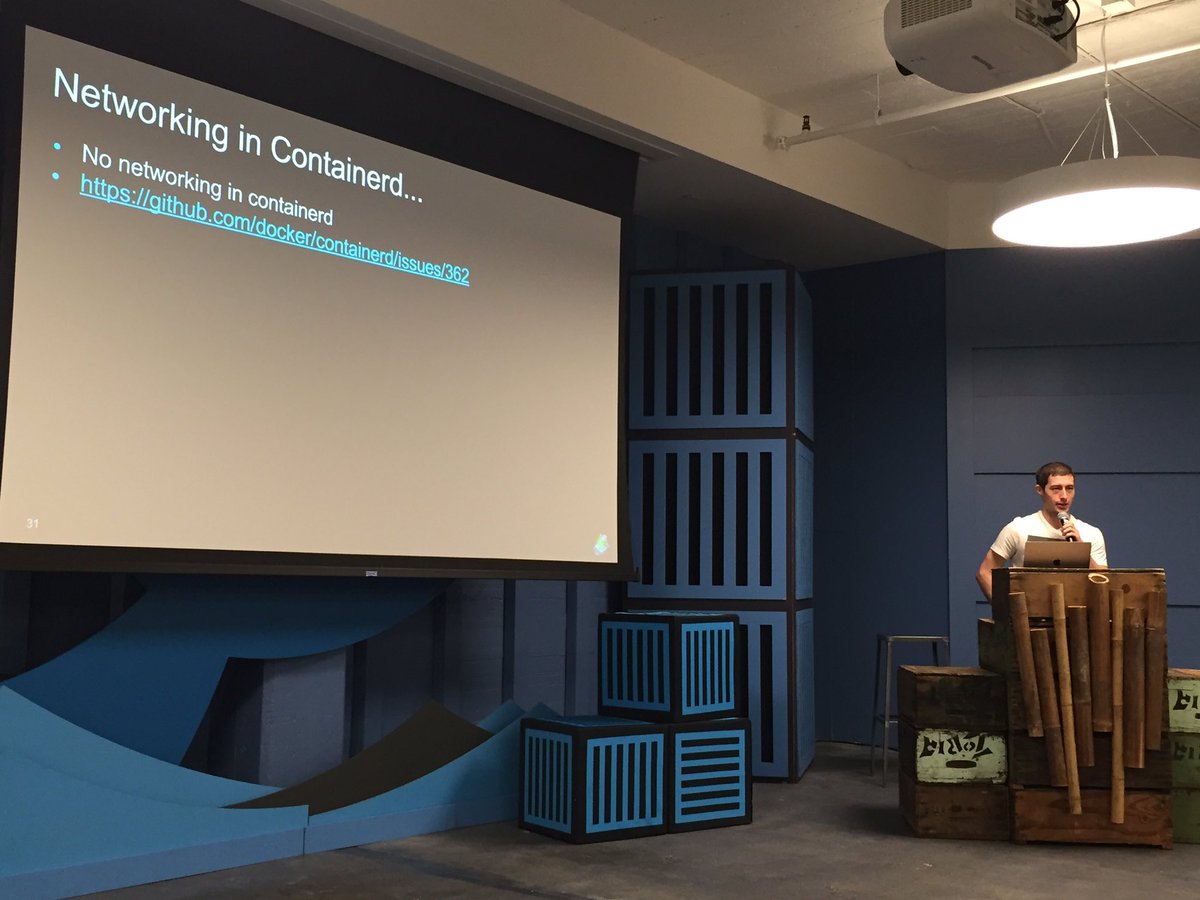 Docker's tweet image. Our own @crosbymichael talks networking in #containerd