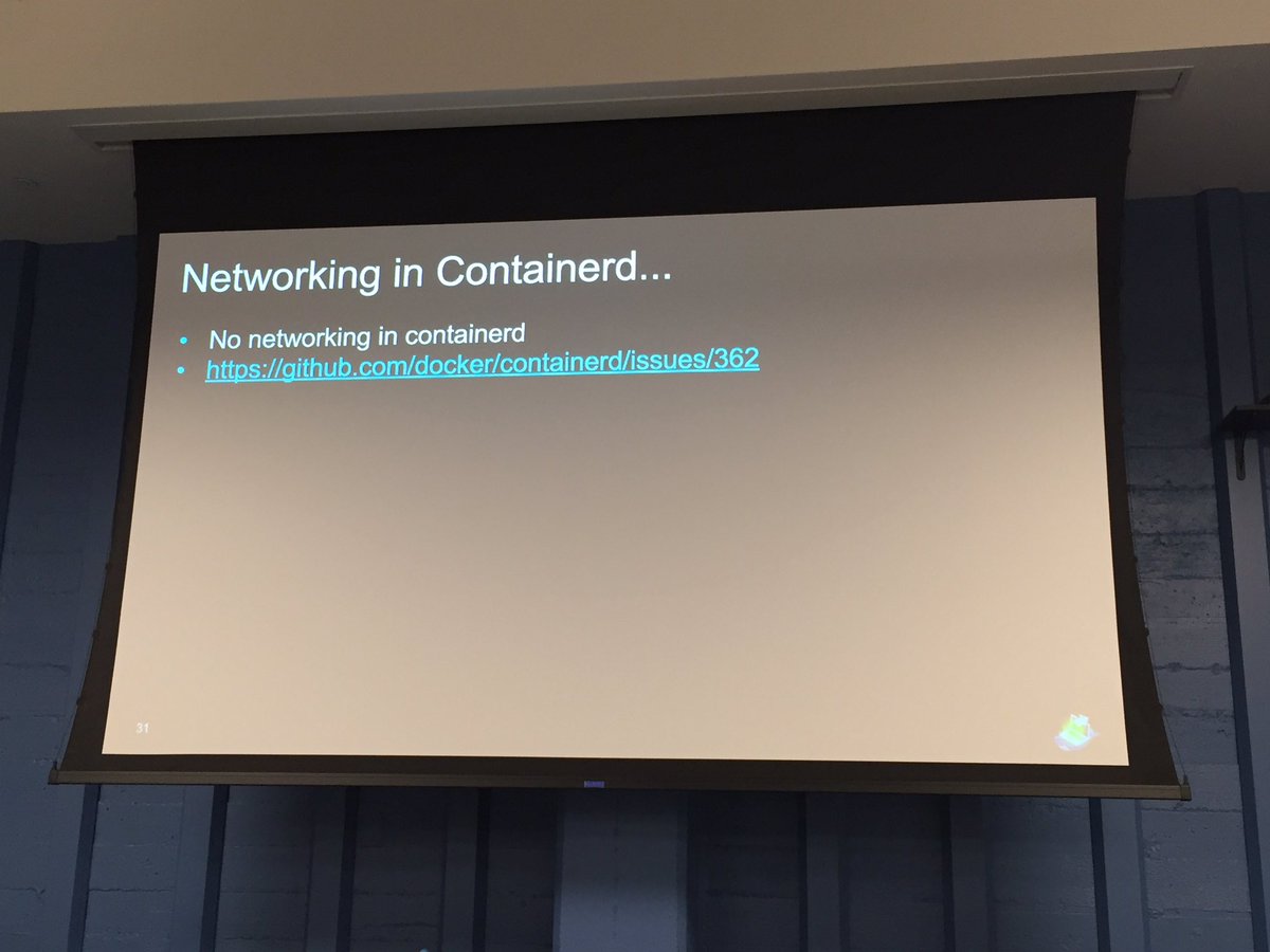 Docker's tweet image. Our own @crosbymichael talks networking in #containerd