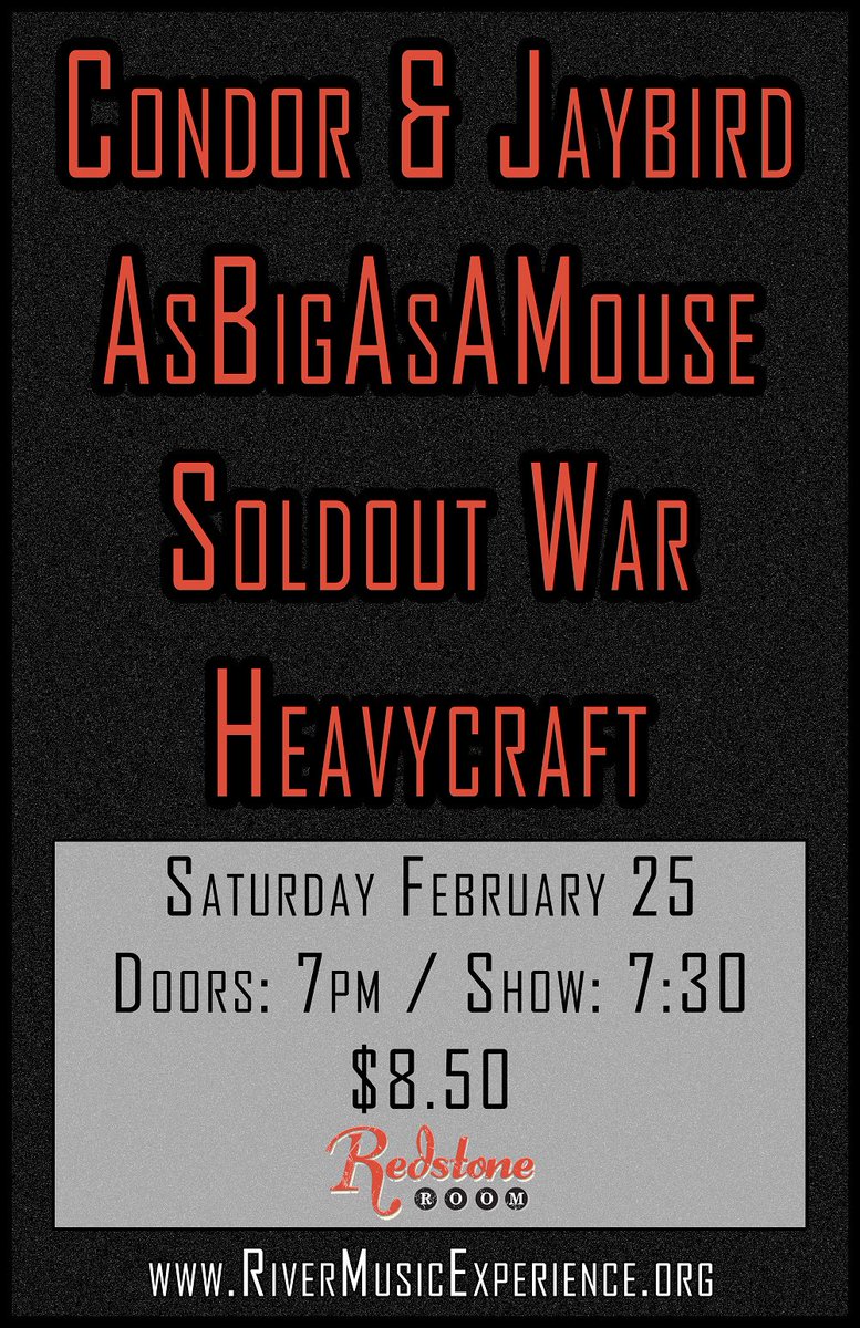 CommonChordQC's tweet photo. Saturday, @condor_jaybird, AsBigAsAMouse, Soldout War, and Heavycraft are in the #RedstoneRoom

Get your tickets at: https://t.co/1kx7OApezp https://t.co/hv3lhxWTeS