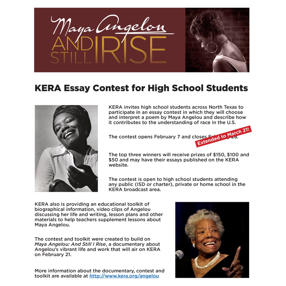 ***PUBLIC SERVICE ANNOUNCEMENT***KERA is having an essay contest for North Texas high school students #Project16dfw #KERA #MayaAngelou