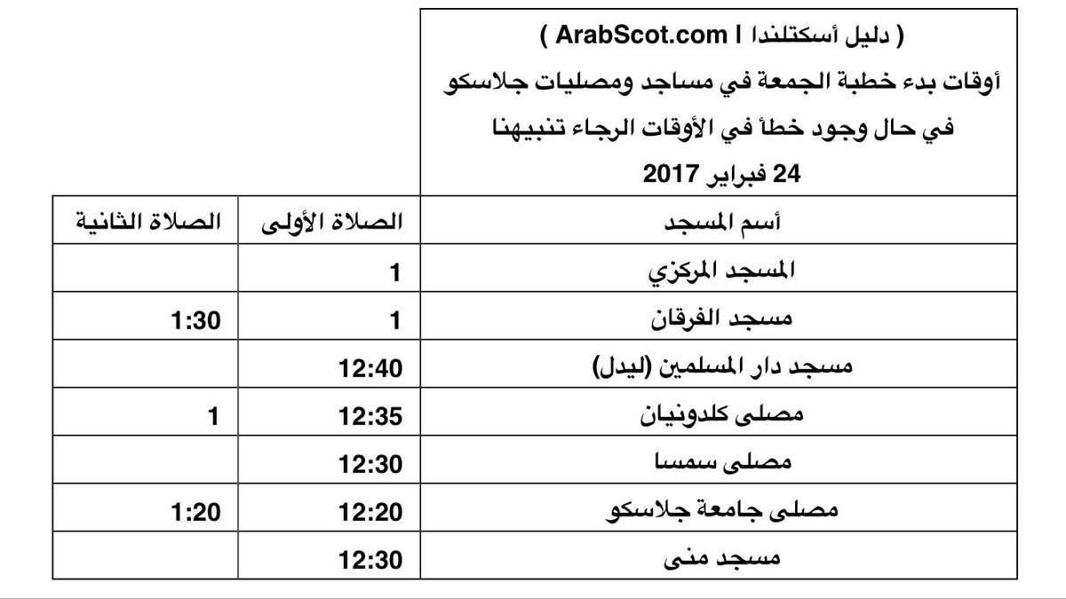أوقات بدء صلاة الجمعة لمساجد ومصليات #جلاسكو
في حال وجود تغيير أو خطأ بالجدول الرجاء تنبيهنا.