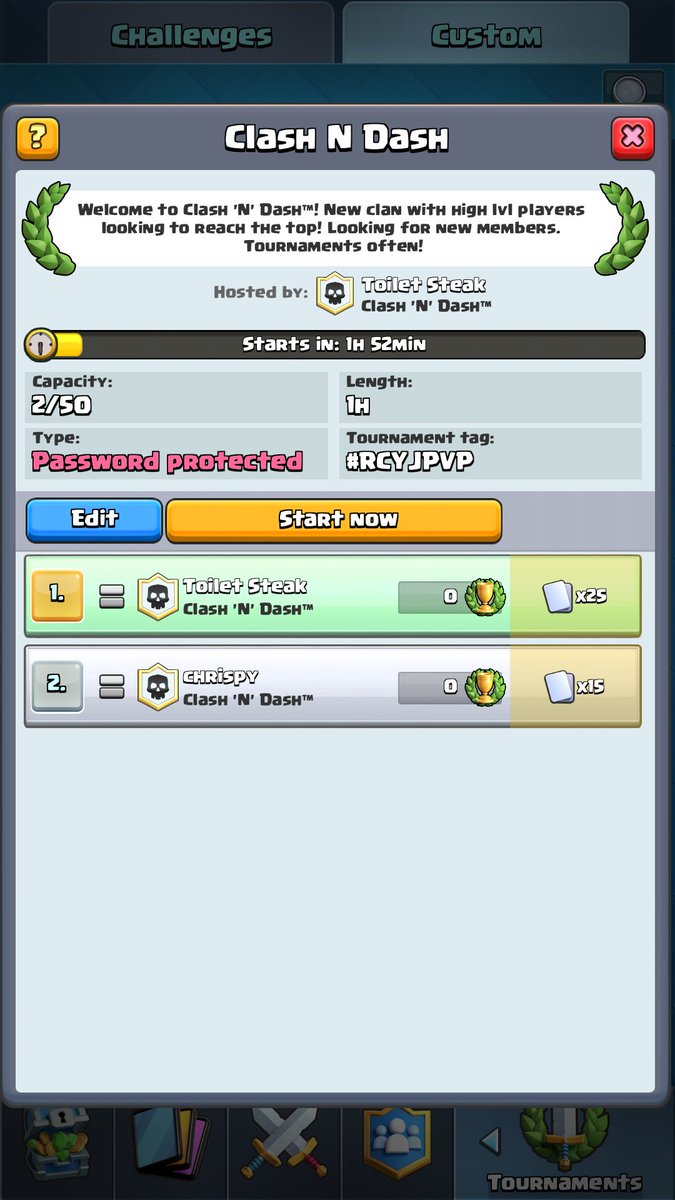 clashNdash's tweet photo. Free Tournament! New Clan Promotion!
#clashNdash @supercellgames @ClashRoyale @CLASHTournament @ClashOnGan @ChiefPat @Clash_with_Ash https://t.co/pPhVSayovx
