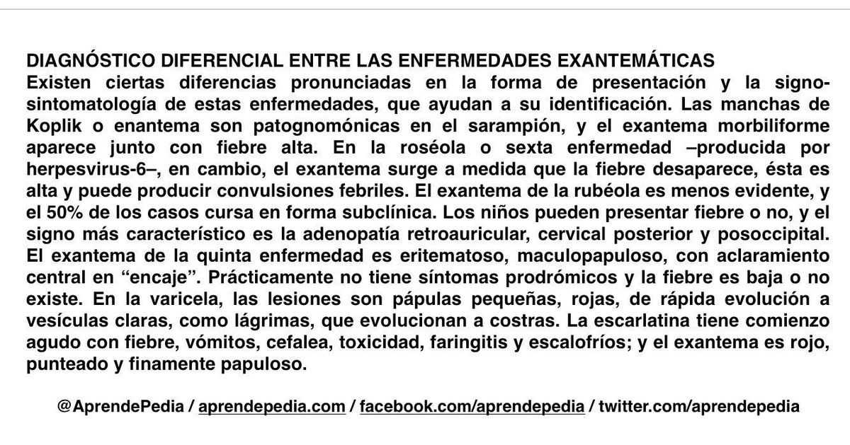 MIRtirizado's tweet photo. DIAGNÓSTICO DIFERENCIAL ENTRE LAS ENFERMEDADES EXANTEMÁTICAS en #Pediatría 
•Escarlatina
•Varicela
•Rubéola 
•Sarampión 
@aprendepedia https://t.co/hC8ShWMbxj