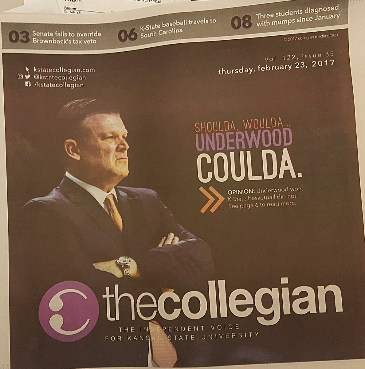 DScottFritchen's tweet photo. The K-State Collegian goes hard to the rack today https://t.co/WQjjAJcrgh