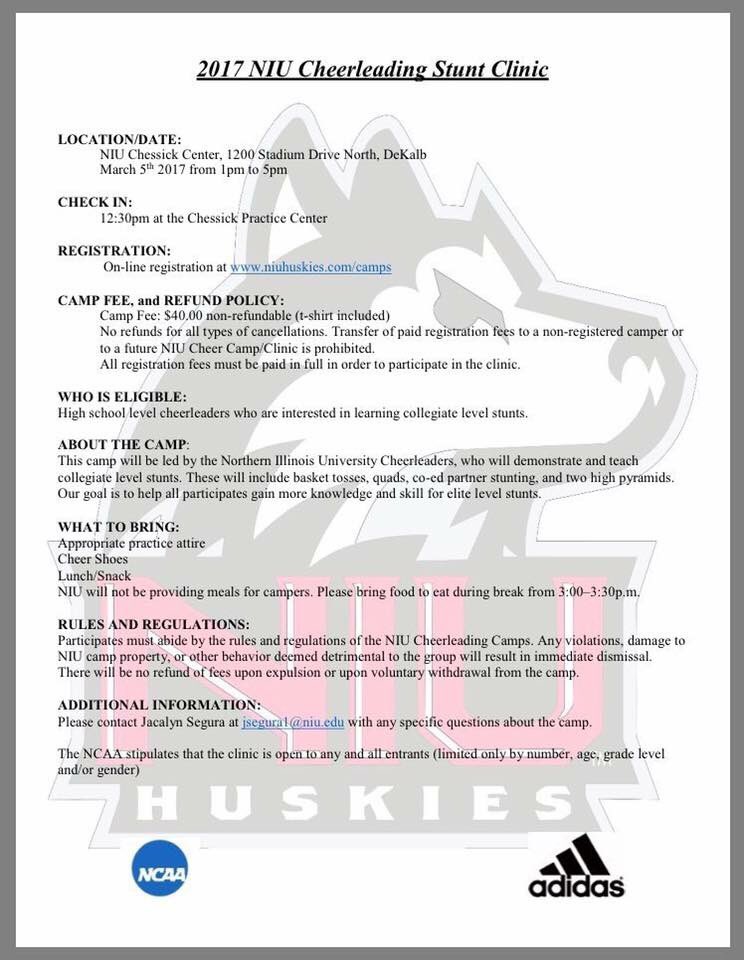 NIUCheerleading's tweet image. Make sure to sign up for the 2017 NIU Stunt Clinic!