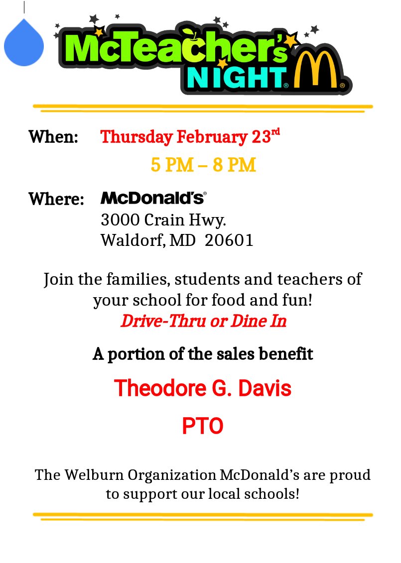 TGDavisPTO's tweet photo. Join @DavisMiddle 2nite @McDonalds on 3000 Crain Hwy, Waldorf from 5-8 PM. Drive Thru or Dine In. Take pic with teacher & staff #McDavis https://t.co/cnMNeU5DjR