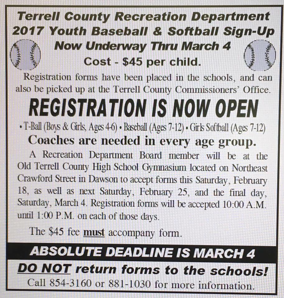TerrellCountyGA's tweet image. Don't forget to sign up for the youth baseball &amp;amp; softball season @ the #Terrell County Recreation Dept!  Registration forms due March 4th!