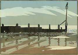 Tunnelbreeze's tweet image. "Cromer Beach" A linocut print by Ian Phillips #art #linocut #Norfolk